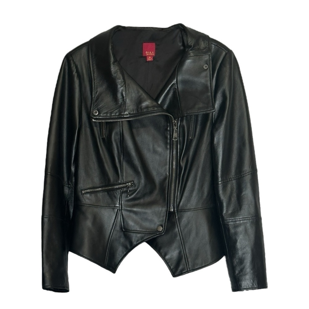 G.I.L.I. Genuine Leather Moto Jacket Black Asymmetrical Zip Size 12 High Collar